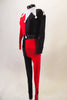 Card themed, 2-piece costume has long-sleeved red/black half top with keyhole back opposite pattern to leggings. Neck is accented by white jester-style collar. Comes with red and black gloves. Side