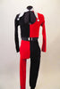 Card themed, 2-piece costume has long-sleeved red/black half top with keyhole back opposite pattern to leggings. Neck is accented by white jester-style collar. Comes with red and black gloves. Back