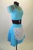 Pale blue 2-piece costume has full petticoat skirt with attached white sequined apron & matching half-top with sheer upper, cap sleeves & sweetheart bust line. Comes with black bow hair accessory. Side