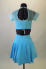 Pale blue 2-piece costume has full petticoat skirt with attached white sequined apron & matching half-top with sheer upper, cap sleeves & sweetheart bust line. Comes with black bow hair accessory. Back