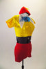 Alice in Wonderland themed costume has yellow short sleeved half-top & red high waist shorts. There is a detachable large white collar with name & beanie hat. Side
