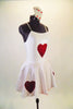 Card themed costume is a white camisole 2-piece dress has skirt with layers of red tricot underlay. There are sequined red hearts on the skirt and torso. Comes with 4-suit card hair accessory. Side