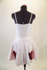 Card themed costume is a white camisole 2-piece dress has skirt with layers of red tricot underlay. There are sequined red hearts on the skirt and torso. Comes with 4-suit card hair accessory. Back