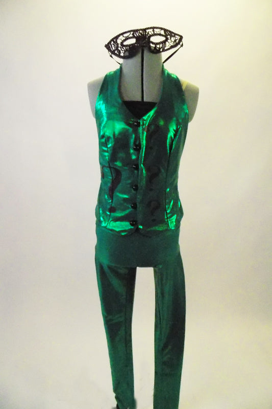 Shiny green 3-piece costume comes with legging style pant, black camisole half-top & vest adorned with black question marks and loop closure bubble buttons. Comes with black lace mask. Front