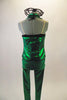 Shiny green 3-piece costume comes with legging style pant, black camisole half-top & vest adorned with black question marks and loop closure bubble buttons. Comes with black lace mask. Back