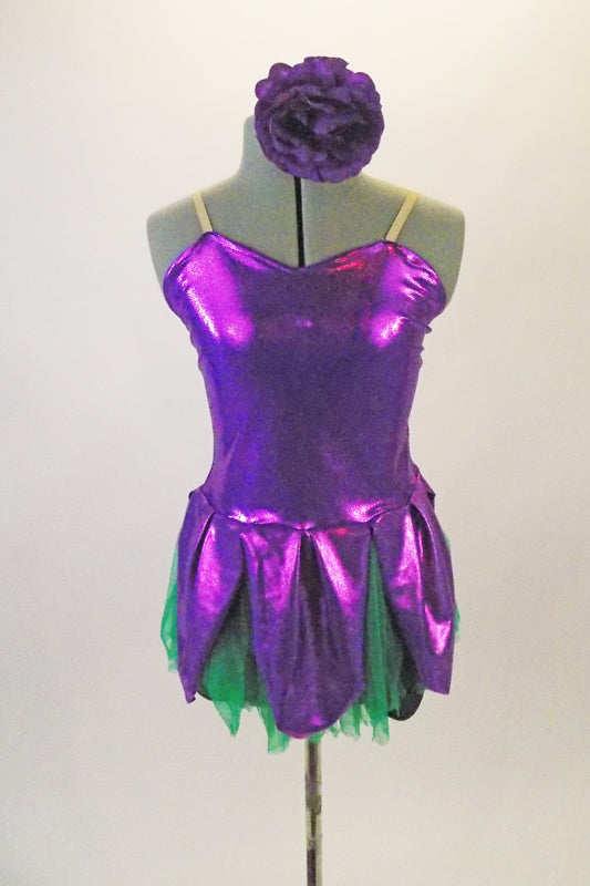 2-piece costume comes with dark green shorts & purple flower themed camisole dress with petals & soft green tricot underlay. Has purple pansy hair accessory. Front