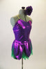 2-piece costume comes with dark green shorts & purple flower themed camisole dress with petals & soft green tricot underlay. Has purple pansy hair accessory. Side