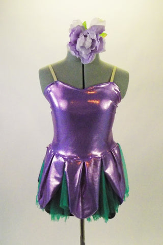2-piece costume comes with dark green shorts & lavender flower themed camisole dress with petals &soft green tricot underlay. Has larger primrose hair accessory. Front