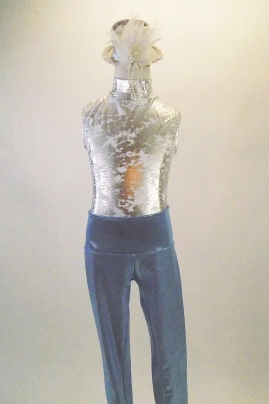 2-piece costume has silver crackle print high collar leotard with keyhole back. Has accompanying  high-waist, pale blue leggings. Comes with hat and long gloves Front
