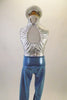 2-piece costume has silver crackle print high collar leotard with keyhole back. Has accompanying  high-waist, pale blue leggings. Comes with hat and long gloves. Back