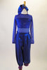 Blue 2-piece costume has mesh leotard with blue sequined bust band. The matching blue shiny harem pants have wide purple cuffs. Comes with turban style headband. Front