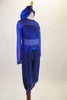 Blue 2-piece costume has mesh leotard with blue sequined bust band. The matching blue shiny harem pants have wide purple cuffs. Comes with turban style headband. Side
