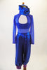 Blue 2-piece costume has mesh leotard with blue sequined bust band. The matching blue shiny harem pants have wide purple cuffs. Comes with turban style headband. Back