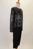 Black & silver sequined long sleeved straight cut top with a bit of sparkle is accompanied by elastic waist, silver pinstripe pants. Side