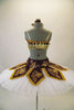 Professional hooped & tacked pleated tutu has a burgundy peaked overlay and basque with 3-D gold floral beaded appliques & brocade edging. Matching bodice half-top has gold leaf band & gold floral applique. Comes with a gold appliqued hair accessory. Back