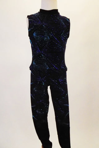 Black velvet unitard has blue and silver prism design. The tank style front is closed with high neck and deep open back. Comes with matching blue butterfly mask. Front
