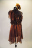 Single one shoulder dress with nude strap has shades of rich chocolate brown and sequined bodice and soft flowy chiffon shirt with built-in shorts. Comes with chiffon shoulder accent, sequined sash belt and floral hair accessory. Side