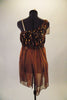 Single one shoulder dress with nude strap has shades of rich chocolate brown and sequined bodice and soft flowy chiffon shirt with built-in shorts. Comes with chiffon shoulder accent, sequined sash belt and floral hair accessory. Back