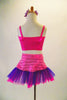 This sweet two-piece costume has pink half a top with crystal accents at front and back. The accompanying skirt has tone on tone pink striped patterns with a wide pink and purple tulle ruffle edge. Comes with pink/purple daisy hair accessory. Back