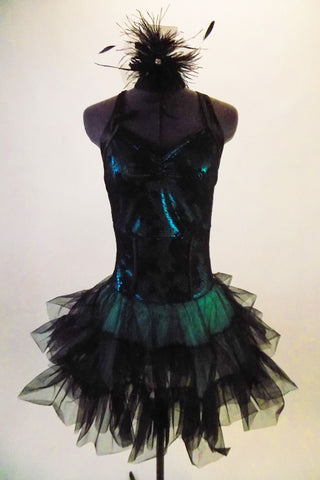 Teal based leotard dress has black laced, overlay bodice with pinch front. The halter collar has wide back straps emerging from the back collar. The layered ruffle black tulle skirt gives the costume volume and a balletic touch. Comes with matching black feather hair accessory. Front
