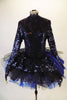 3-piece costume is a navy/royal blue full sequined leotard with long sleeves & key-hole back. The leotard is accompanied by navy shorts with sequin & chiffon cascading sashes at the right hip. There is a pull-on tutu skirt with stiff black & blue tulle layers with a sequined overlay. Comes with hair accessory. Front
