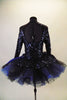 3-piece costume is a navy/royal blue full sequined leotard with long sleeves & key-hole back. The leotard is accompanied by navy shorts with sequin & chiffon cascading sashes at the right hip. There is a pull-on tutu skirt with stiff black & blue tulle layers with a sequined overlay. Comes with hair accessory. Back