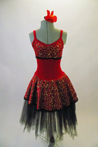 Spanish themed costume has red velvet torso with red and gold glitter brocade design at bust and skirt overlay. The soft black tulle romantic skirt sits below revealing the lines of the leg. Comes with red rose hair accessory. Front