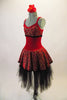 Spanish themed costume has red velvet torso with red and gold glitter brocade design at bust and skirt overlay. The soft black tulle romantic skirt sits below revealing the lines of the leg. Comes with red rose hair accessory. Side
