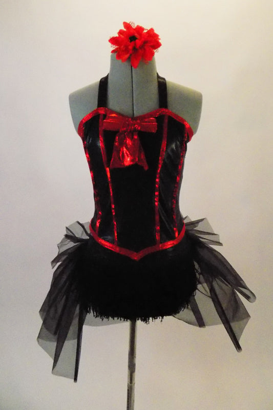 Back halter corset with red piping and a front bow is accompanied by black fully fringed shorts with black tulle bustle with a large red back bow. Comes with red and black floral hair accessory. Front