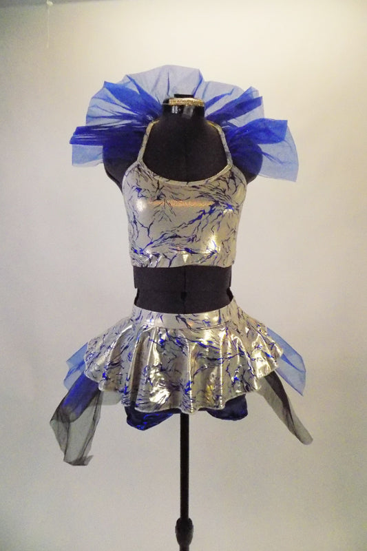 Eclectic, silver camisole halter style half top has royal lightning blue crackle pattern and crisp blue tulle stand-up Elizabethan collar.  The Comes with crystal barrette hair accessory. Front
