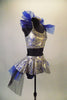 Eclectic, silver camisole halter style half top has royal lightning blue crackle pattern and crisp blue tulle stand-up Elizabethan collar.  The Comes with crystal barrette hair accessory. Side