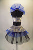 Eclectic, silver camisole halter style half top has royal lightning blue crackle pattern and crisp blue tulle stand-up Elizabethan collar.  The Comes with crystal barrette hair accessory. Back