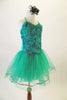 Delicate turquoise-sea green dress has chiffon ribbon rose lace front with a plain back and criss-cross straps.  The full crystal tulle skirt in shades of blue-green has silver sequin edge. Comes with crystal barrette hair accessory. Side