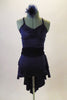 Navy Blue pinch front short unitard has cross back straps and banded leg opening. The matching pull-on open front bustle skirt has wide gathered waistband and comes to a peak at the back. Costume has matching blue hair accessory. Front