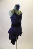 Navy Blue pinch front short unitard has cross back straps and banded leg opening. The matching pull-on open front bustle skirt has wide gathered waistband and comes to a peak at the back. Costume has matching blue hair accessory. Side