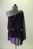 Purple and black iridescent striped shirt dress has one shoulder, nude strap and long sleeve. The silver piping and gathered waistband create a nice line. Comes with crystal hair barrette. Back
