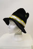 Black velvet Panama hat with white and gold band. Side view