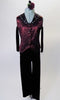 3-piece costume features burgundy satin vine print brocade vest with crystaled black satin lapels and buttons. The burgundy velvet straight leg pants finish the look. Comes with a floral hair accessory. Paste