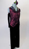 3-piece costume features burgundy satin vine print brocade vest with crystaled black satin lapels and buttons. The burgundy velvet straight leg pants finish the look. Comes with a floral hair accessory. Side
