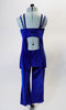 Two piece costume features a blue velvet camisole, open back tunic top with crystal buckle accent and cross front straps. Comes with matching blue velvet pants and hair accessory. Back