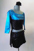 Turquoise and silver ¾ sleeve marbled half-top has attached black leatherette corset lace-up belt. The matching bottom is a black leatherette skirt with lacing accents at the hips and attached turquoise briefs. Comes with a hair accessory. Side