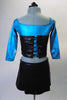 Turquoise and silver ¾ sleeve marbled half-top has attached black leatherette corset lace-up belt. The matching bottom is a black leatherette skirt with lacing accents at the hips and attached turquoise briefs. Comes with a hair accessory. Back