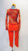 This two-piece is bright orange textured capri pants with gold undertone has large red-sequined pockets on left hip and right thigh. The matching long sleeved top is a large mesh net in marbled shades of orange and red with scattered gold fleck throughout. Comes with red bra and hair accessory. Back
