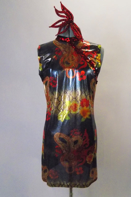 Shimmery sheer Asian inspired dress has a dragon, rose and lotus flower print with red sequin accent. Comes with a black bra top, brief hair accessory. Front