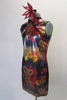 Shimmery sheer Asian inspired dress has a dragon, rose and lotus flower print with red sequin accent. Comes with a black bra top, brief hair accessory. Side