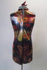 Shimmery sheer Asian inspired dress has a dragon, rose and lotus flower print with red sequin accent. Comes with a black bra top, brief hair accessory. Back