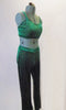 Funky 2-piece green velvet costume gold scale-like pattern. The pant has wider boot-cut and is accompanied by camisole half-top. Comes with hair accessory. Side
