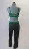 Funky 2-piece green velvet costume gold scale-like pattern. The pant has wider boot-cut and is accompanied by camisole half-top. Comes with hair accessory. Back
