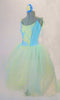 Romantic tutu dress has a pale blue bodice with blue and yellow lace front panel accented with sequined ruffle. The full tulle skirt has layers of pale blue, green and yellow for a soft pleasant flowy look. Comes with matching floral hair accessory. Side