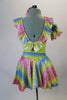 Iridescent dress has pale green bodice with rainbow coloured ruffles around the neckline and matching skirt. The neon green petticoat gives the skirt a nice fullness.  Comes with matching ruffled armband floral hair accessory. Back